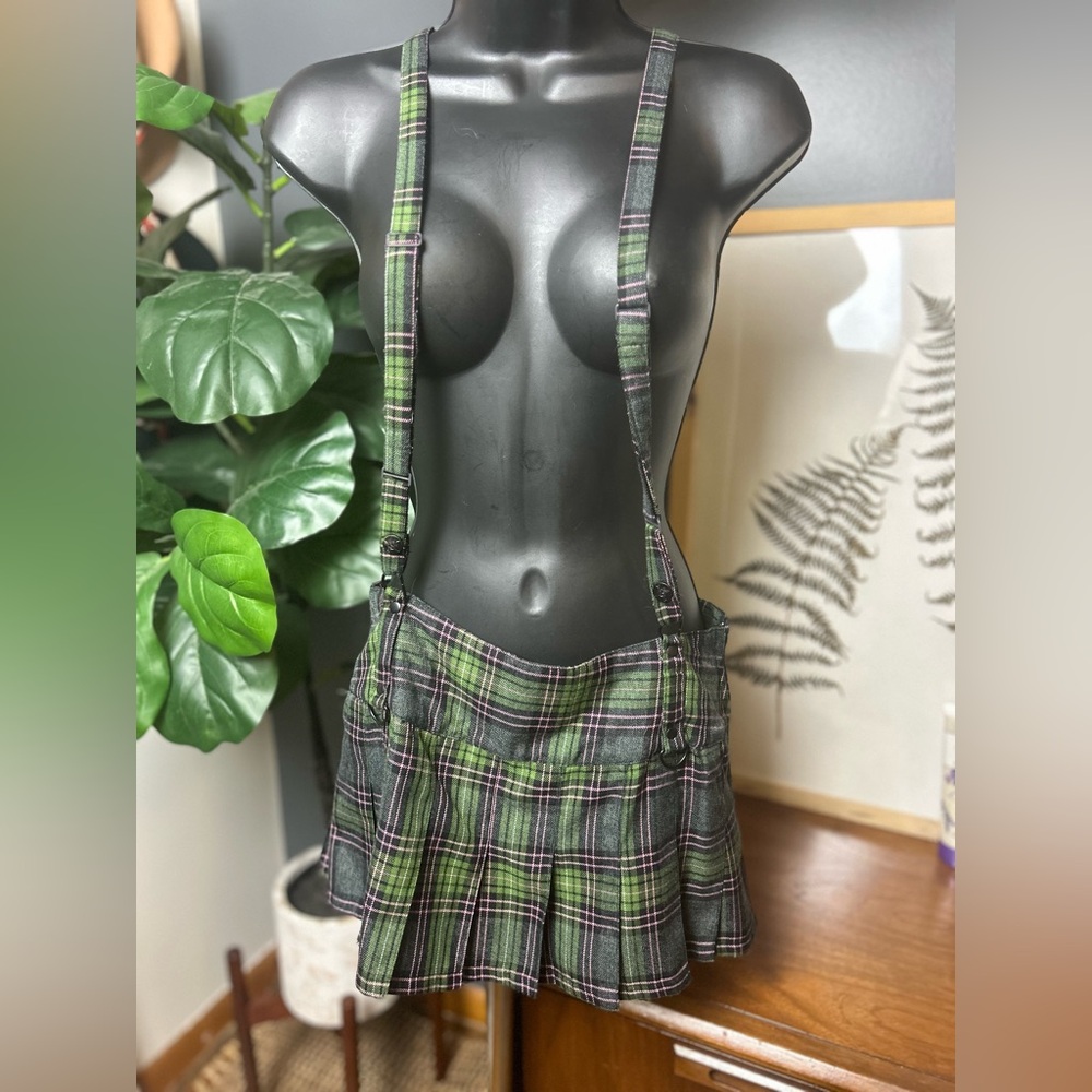 2000s Lip Service pink and green plaid mini skirt removable suspenders